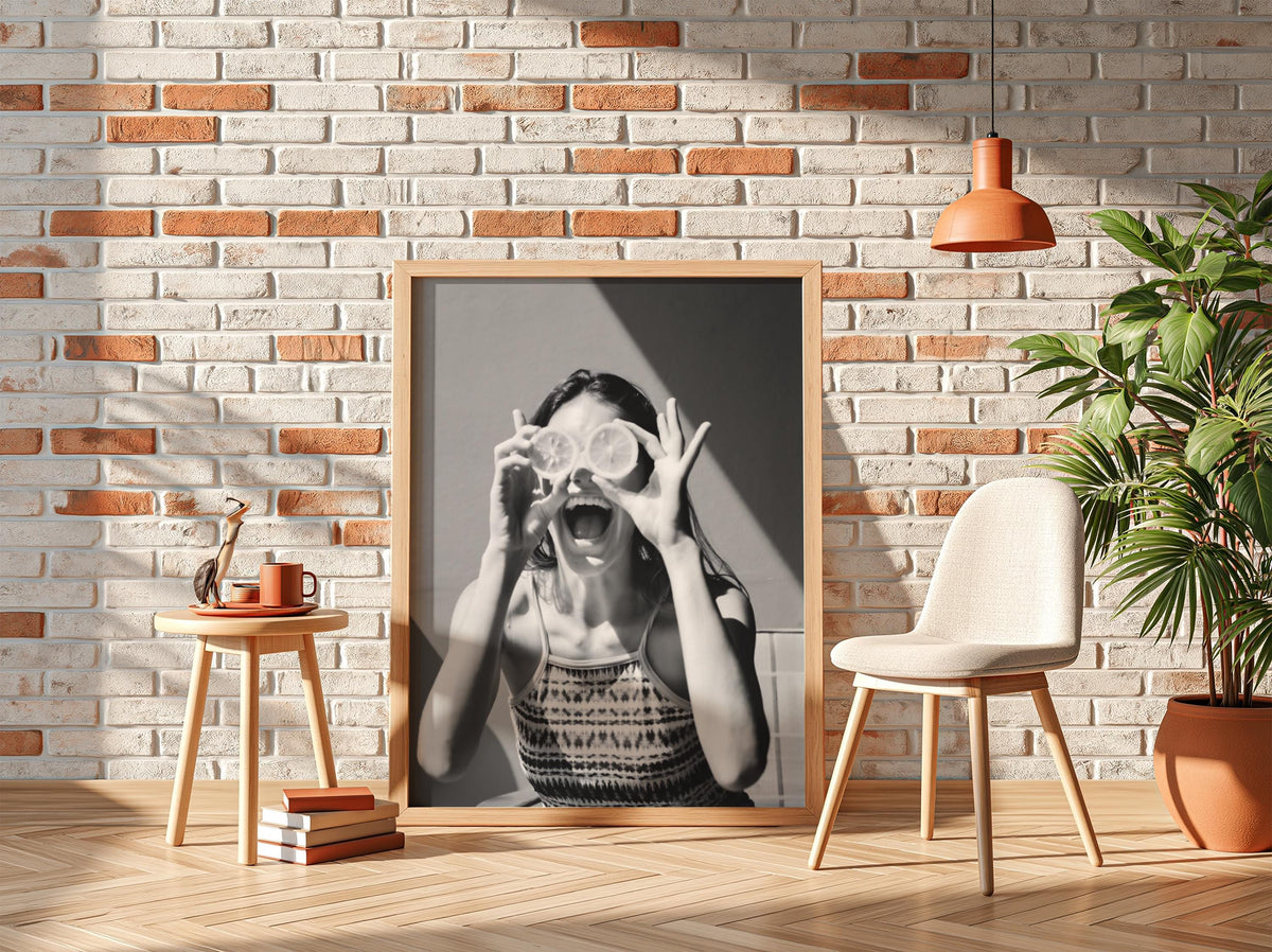 Girl With Citrus Slice Eyes Poster | Black and White Photography Print | Vintage Portrait Wall Art | Retro Fashion Photography Decor