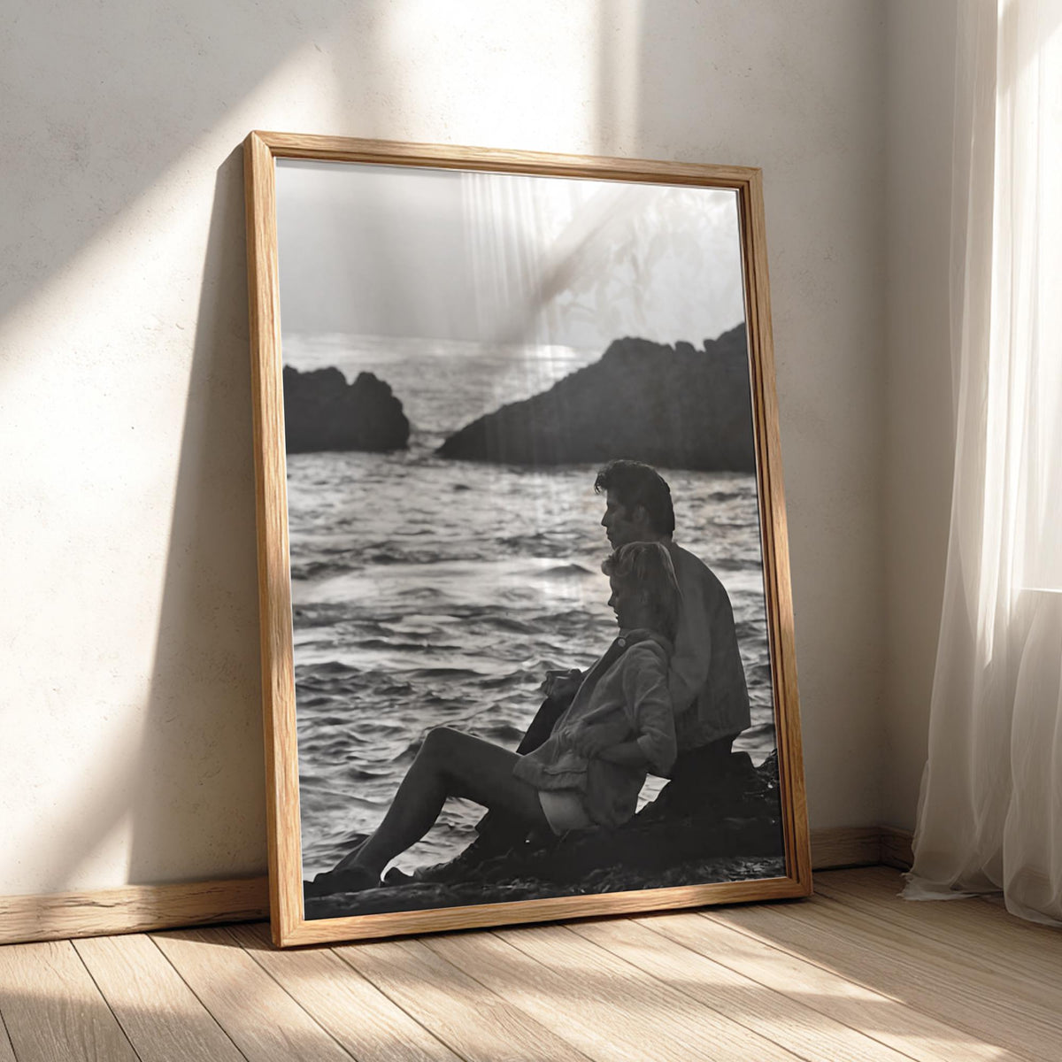 Beach Sunset Silhouette Poster | Black and White Photography Print | Vintage Cinema Style Wall Art | Retro Coastal Decor