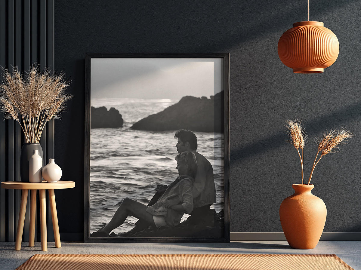 Beach Sunset Silhouette Poster | Black and White Photography Print | Vintage Cinema Style Wall Art | Retro Coastal Decor