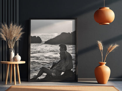 Beach Sunset Silhouette Poster | Black and White Photography Print | Vintage Cinema Style Wall Art | Retro Coastal Decor