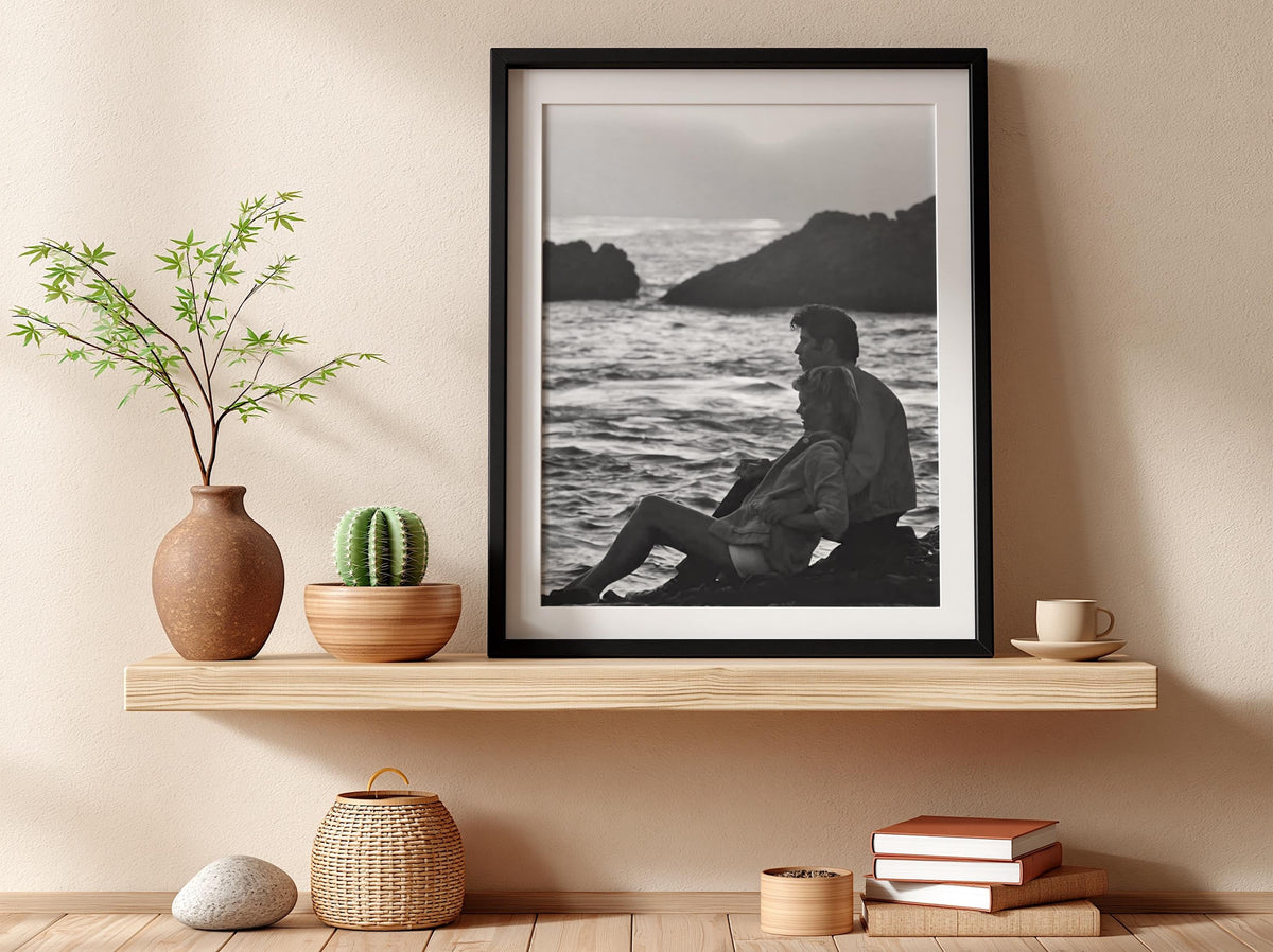 Beach Sunset Silhouette Poster | Black and White Photography Print | Vintage Cinema Style Wall Art | Retro Coastal Decor
