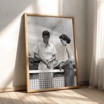 JFK And Jackie Tennis Court Poster | Black and White Photography Print | Vintage Couple Wall Art | Retro Historical Photography