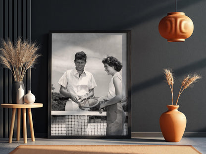 JFK And Jackie Tennis Court Poster | Black and White Photography Print | Vintage Couple Wall Art | Retro Historical Photography