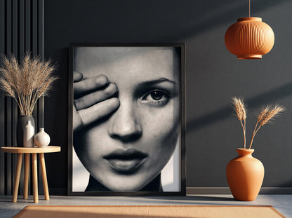 Kate Moss Close Up Portrait Poster | Black and White Photography Print | Vintage Fashion Wall Art | Retro Model Photography Decor