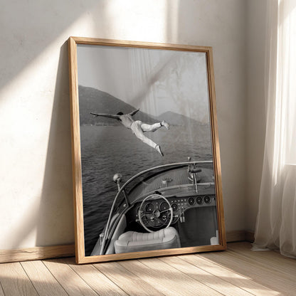 Man Diving Off Vintage Boat Poster | Black and White Photography Print | Retro Ocean Wall Art | Vintage Summer Adventure Decor