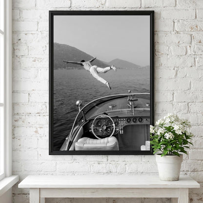 Man Diving Off Vintage Boat Poster | Black and White Photography Print | Retro Ocean Wall Art | Vintage Summer Adventure Decor