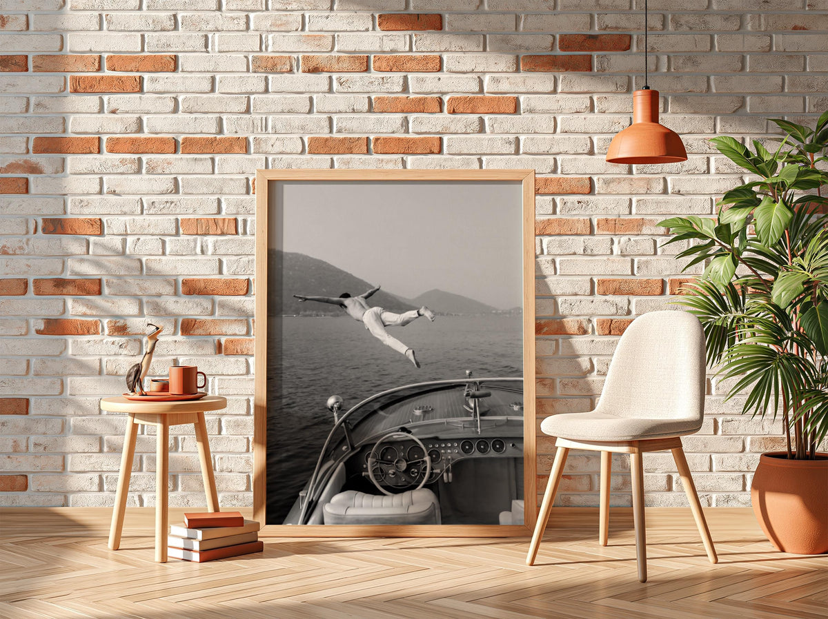 Man Diving Off Vintage Boat Poster | Black and White Photography Print | Retro Ocean Wall Art | Vintage Summer Adventure Decor