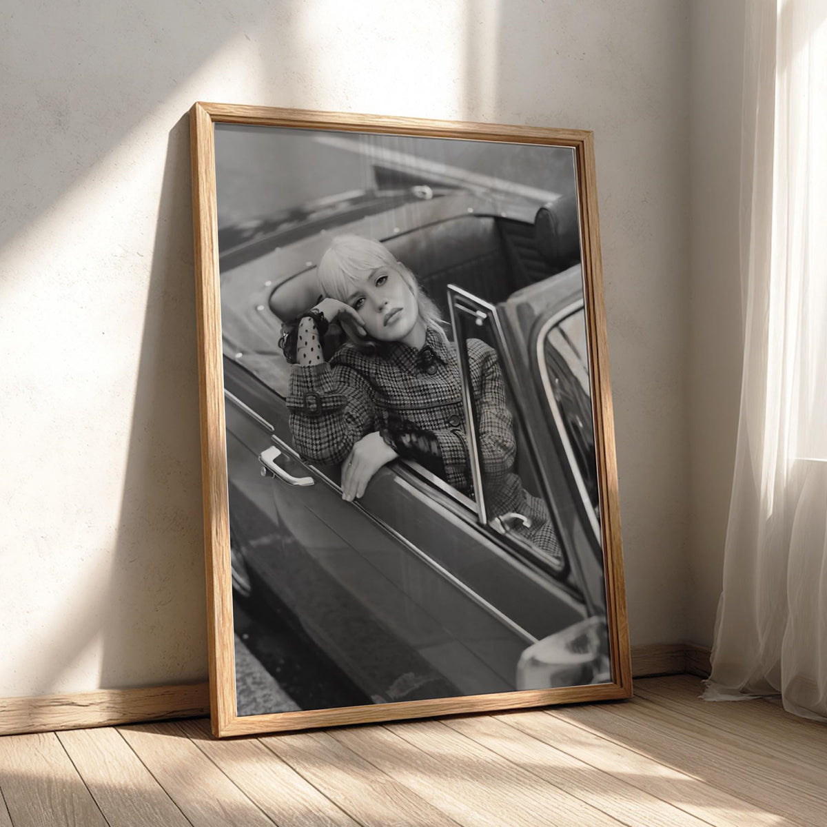 Model In Red Vintage Convertible Poster | Black and White Photography Print | Retro Fashion Wall Art | Classic Car Lifestyle Decor