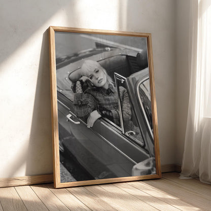 Model In Red Vintage Convertible Poster | Black and White Photography Print | Retro Fashion Wall Art | Classic Car Lifestyle Decor