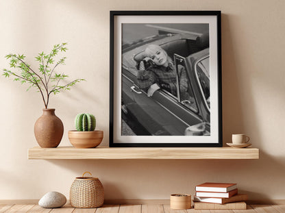 Model In Red Vintage Convertible Poster | Black and White Photography Print | Retro Fashion Wall Art | Classic Car Lifestyle Decor