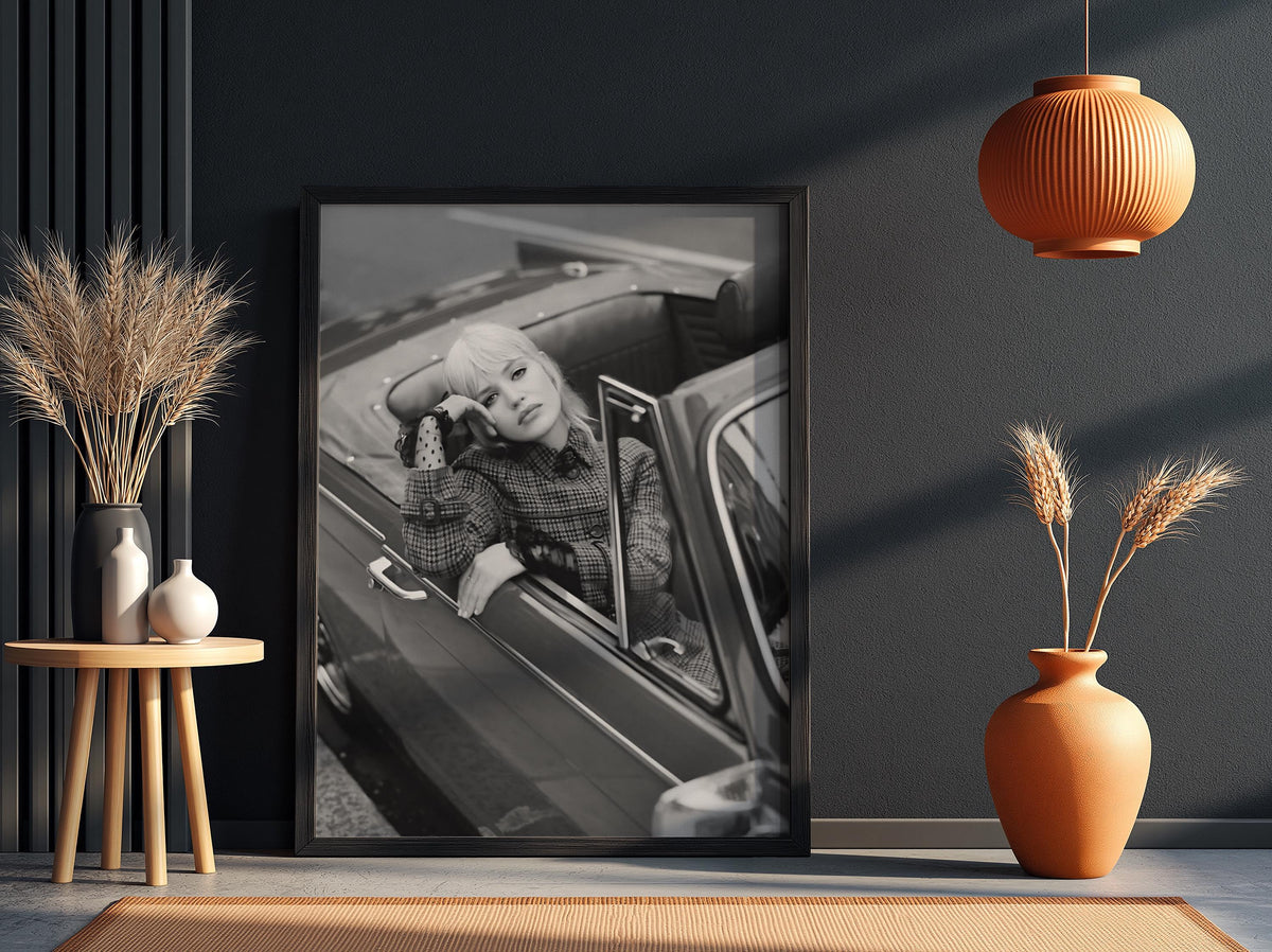 Model In Red Vintage Convertible Poster | Black and White Photography Print | Retro Fashion Wall Art | Classic Car Lifestyle Decor