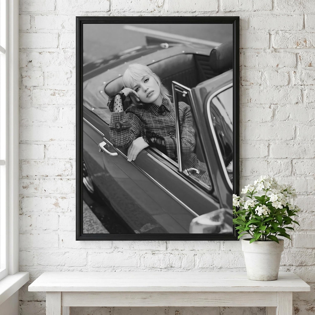 Model In Red Vintage Convertible Poster | Black and White Photography Print | Retro Fashion Wall Art | Classic Car Lifestyle Decor