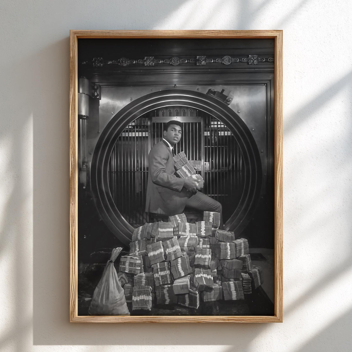 Boxing Legend Bank Vault Scene Poster | Black and White Photography Print | Vintage Sports Wall Art | Retro Luxury Lifestyle Decor