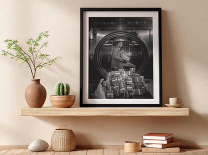 Boxing Legend Bank Vault Scene Poster | Black and White Photography Print | Vintage Sports Wall Art | Retro Luxury Lifestyle Decor