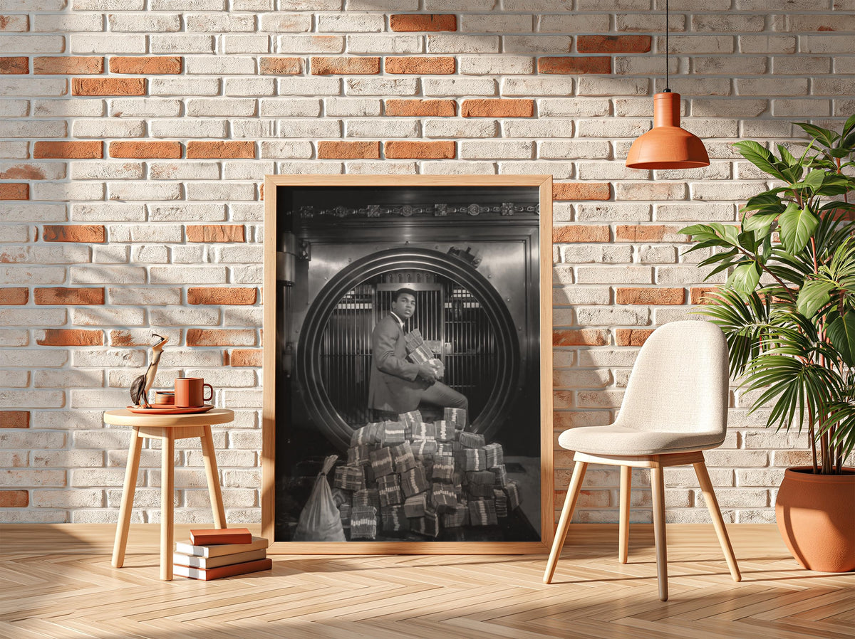 Boxing Legend Bank Vault Scene Poster | Black and White Photography Print | Vintage Sports Wall Art | Retro Luxury Lifestyle Decor