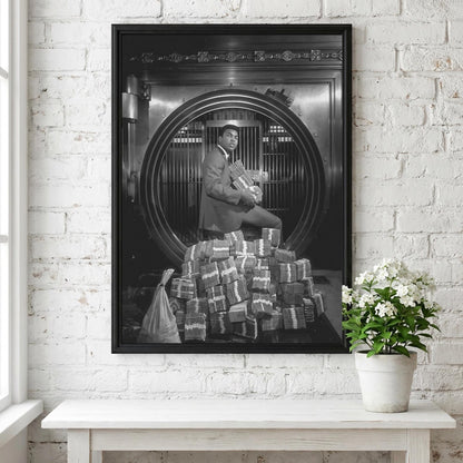 Boxing Legend Bank Vault Scene Poster | Black and White Photography Print | Vintage Sports Wall Art | Retro Luxury Lifestyle Decor