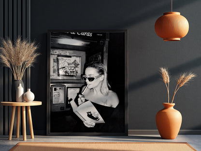 Phone Booth Reader Portrait Poster | Black and White Photography Print | Vintage Street Photography | Retro Urban Wall Art