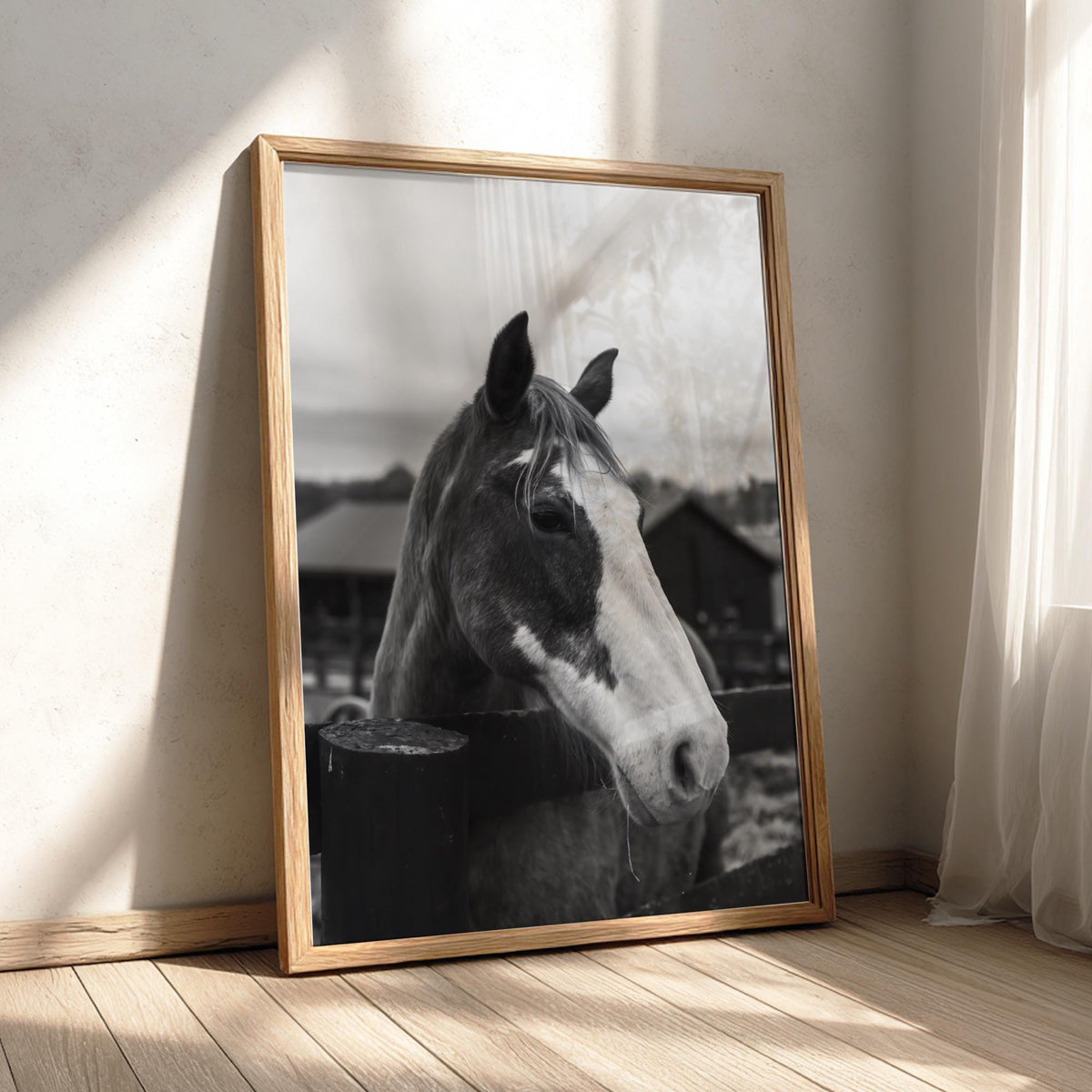 Piebald Horse Farm Portrait Poster | Black and White Photography Print | Vintage Farm Wall Art | Retro Western Animal Decor