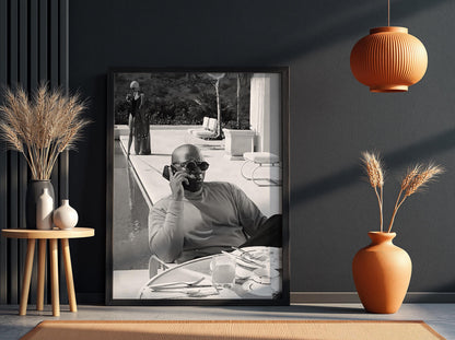 Poolside Phone Call Man Poster | Black and White Photography Print | Vintage Luxury Lifestyle Wall Art | Retro Summer Decor
