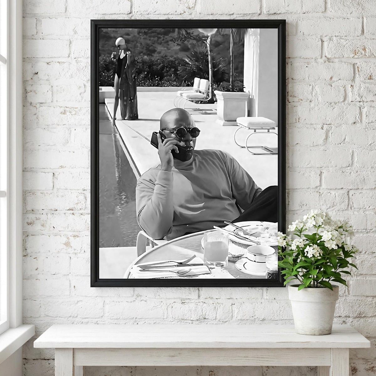 Poolside Phone Call Man Poster | Black and White Photography Print | Vintage Luxury Lifestyle Wall Art | Retro Summer Decor
