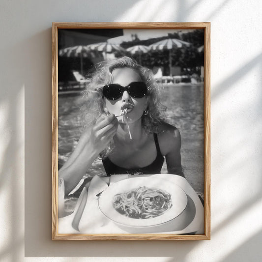 Poolside Spaghetti Diva Poster | Black and White Photography Print | Vintage Summer Wall Art | Retro Glamour Lifestyle Decor