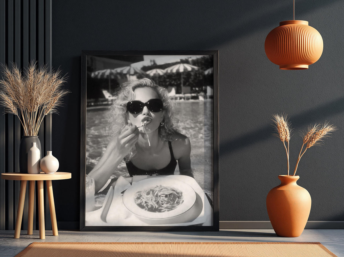 Poolside Spaghetti Diva Poster | Black and White Photography Print | Vintage Summer Wall Art | Retro Glamour Lifestyle Decor