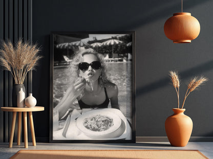 Poolside Spaghetti Diva Poster | Black and White Photography Print | Vintage Summer Wall Art | Retro Glamour Lifestyle Decor