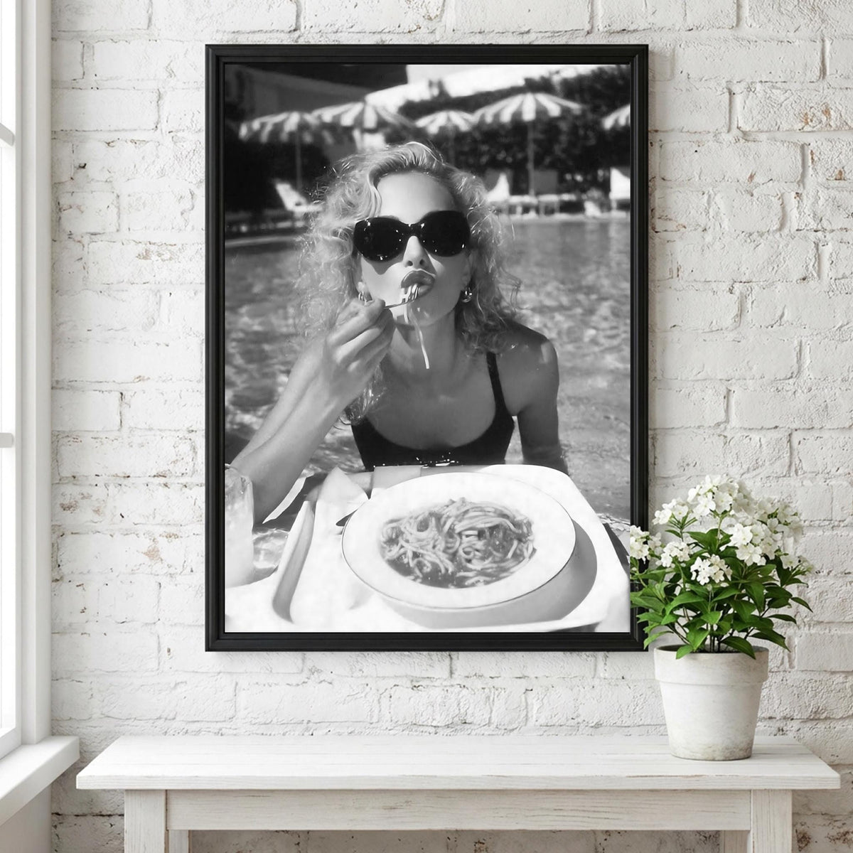 Poolside Spaghetti Diva Poster | Black and White Photography Print | Vintage Summer Wall Art | Retro Glamour Lifestyle Decor