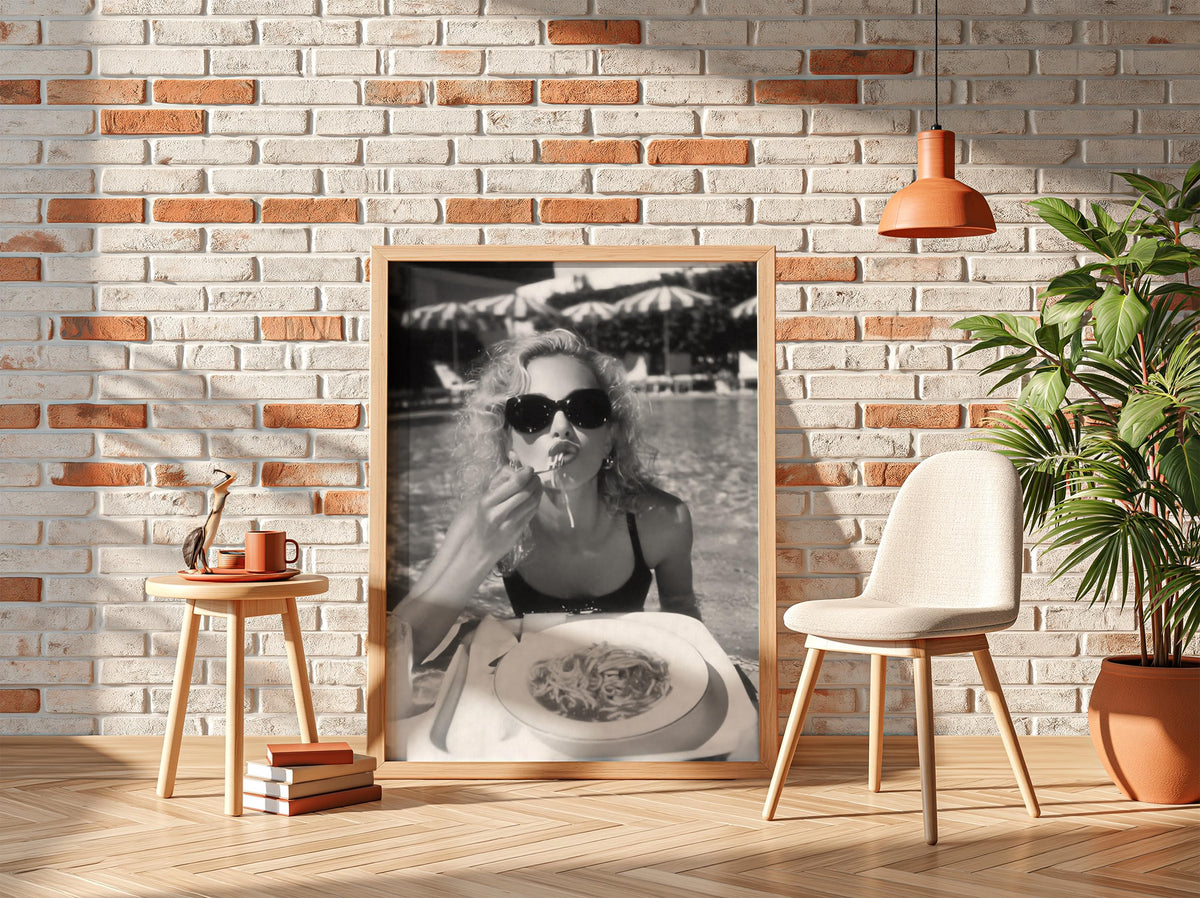 Poolside Spaghetti Diva Poster | Black and White Photography Print | Vintage Summer Wall Art | Retro Glamour Lifestyle Decor