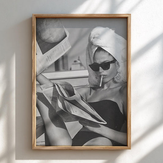 Poolside Towel Newspaper Smoke Poster | Black and White Photography Print | Vintage Summer Wall Art | Retro Lifestyle Decor