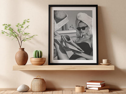 Poolside Towel Newspaper Smoke Poster | Black and White Photography Print | Vintage Summer Wall Art | Retro Lifestyle Decor