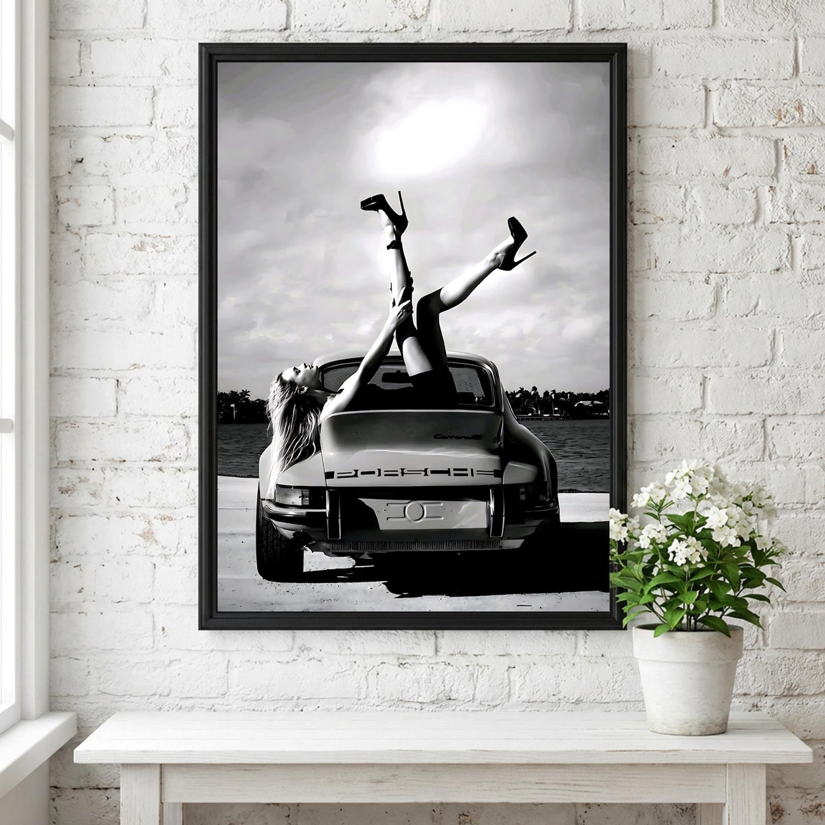 Sport Car Pinup Legs Poster | Black and White Photography Print | Vintage Car Wall Art | Retro Automotive Lifestyle Decor