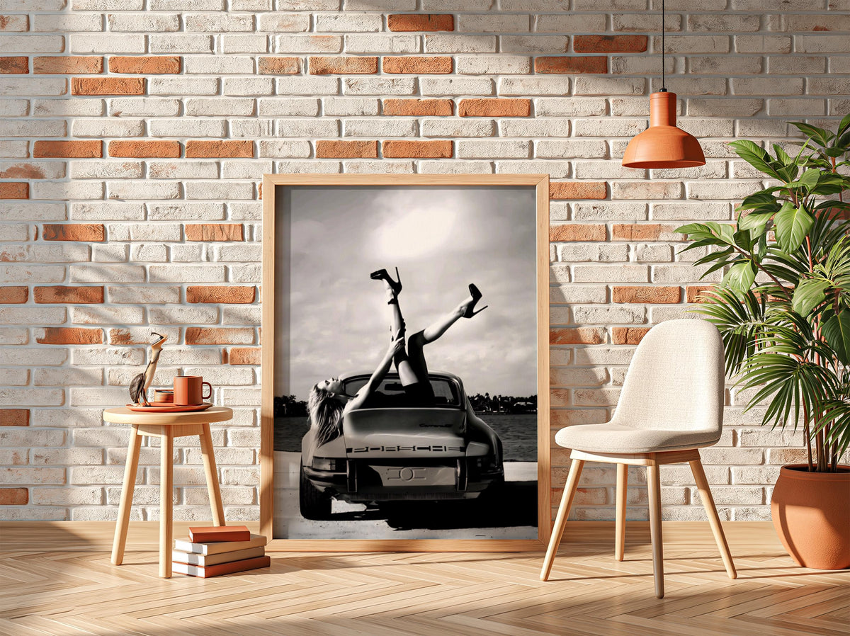 Sport Car Pinup Legs Poster | Black and White Photography Print | Vintage Car Wall Art | Retro Automotive Lifestyle Decor