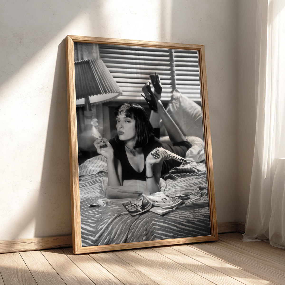 Mia Wallace Bedroom Scene Poster | Black and White Photography Print | Vintage Cinema Style Wall Art | Retro Interior Decor