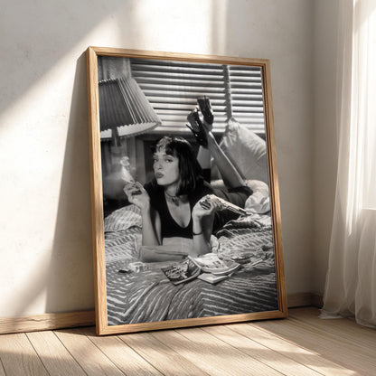 Mia Wallace Bedroom Scene Poster | Black and White Photography Print | Vintage Cinema Style Wall Art | Retro Interior Decor