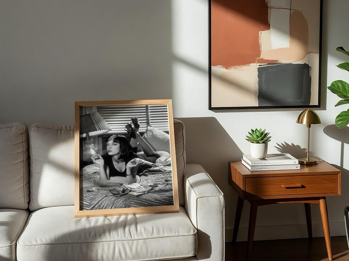 Mia Wallace Bedroom Scene Poster | Black and White Photography Print | Vintage Cinema Style Wall Art | Retro Interior Decor