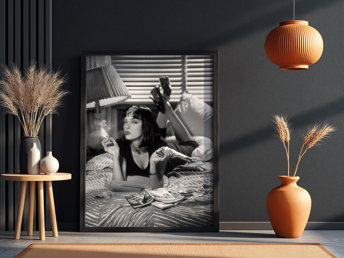 Mia Wallace Bedroom Scene Poster | Black and White Photography Print | Vintage Cinema Style Wall Art | Retro Interior Decor