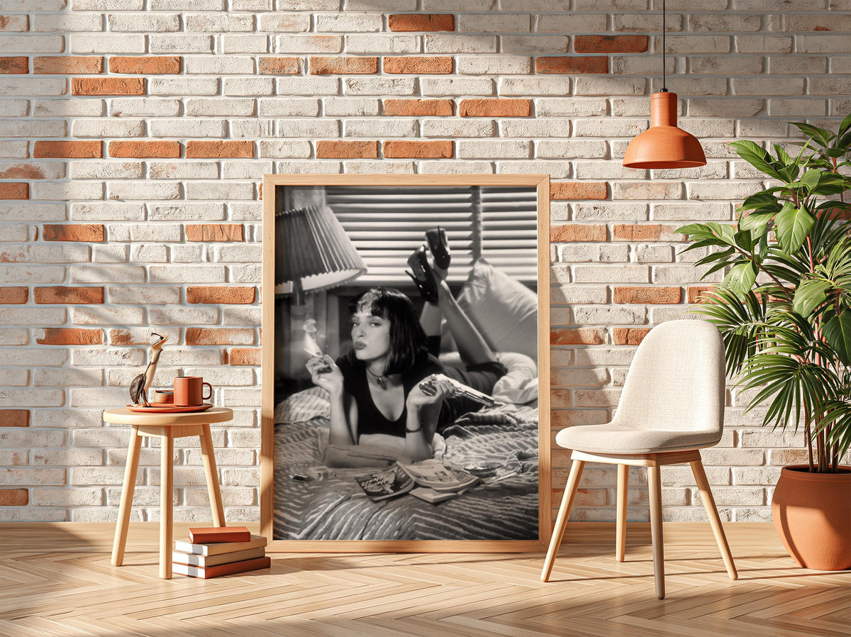 Mia Wallace Bedroom Scene Poster | Black and White Photography Print | Vintage Cinema Style Wall Art | Retro Interior Decor