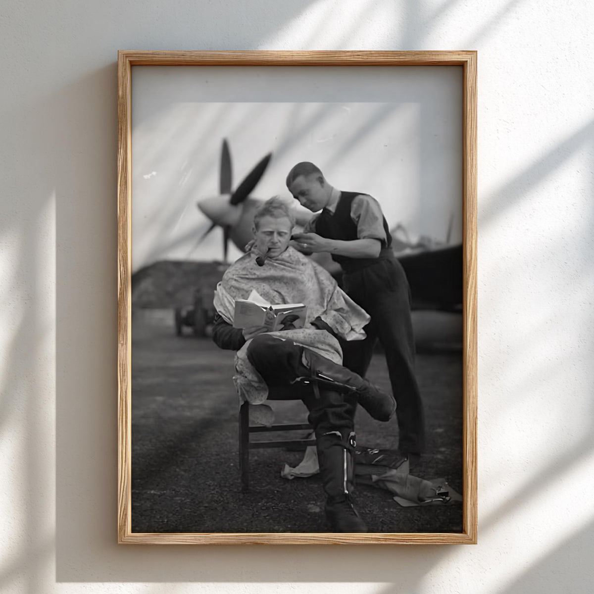 Vintage Pilot Airfield Haircut Poster | Black and White Photography Print | Retro Aviation Wall Art | Classic Military Style Decor
