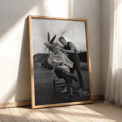 Vintage Pilot Airfield Haircut Poster | Black and White Photography Print | Retro Aviation Wall Art | Classic Military Style Decor