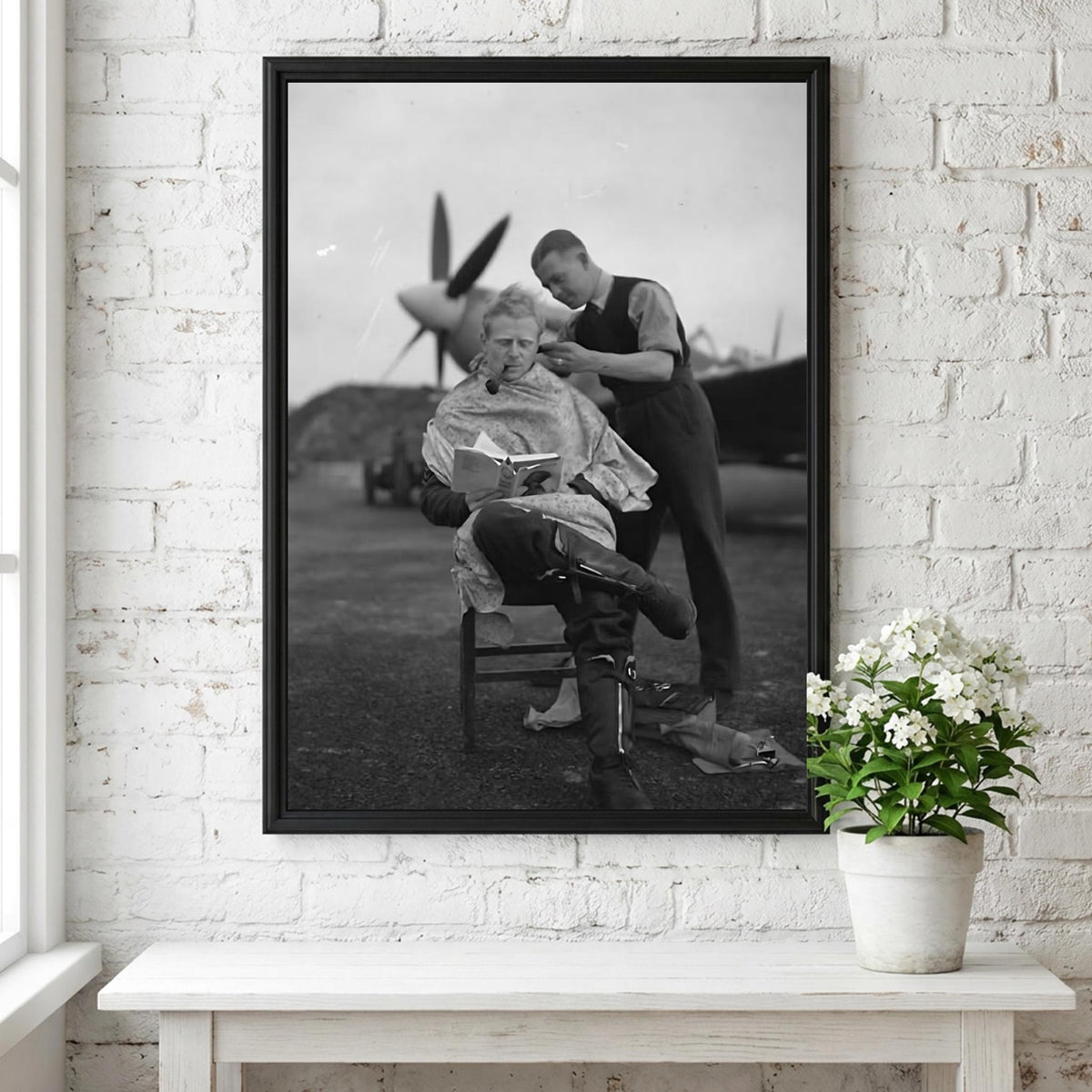 Vintage Pilot Airfield Haircut Poster | Black and White Photography Print | Retro Aviation Wall Art | Classic Military Style Decor