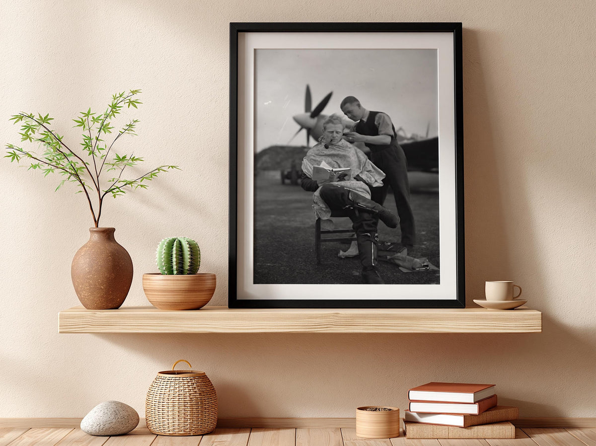 Vintage Pilot Airfield Haircut Poster | Black and White Photography Print | Retro Aviation Wall Art | Classic Military Style Decor