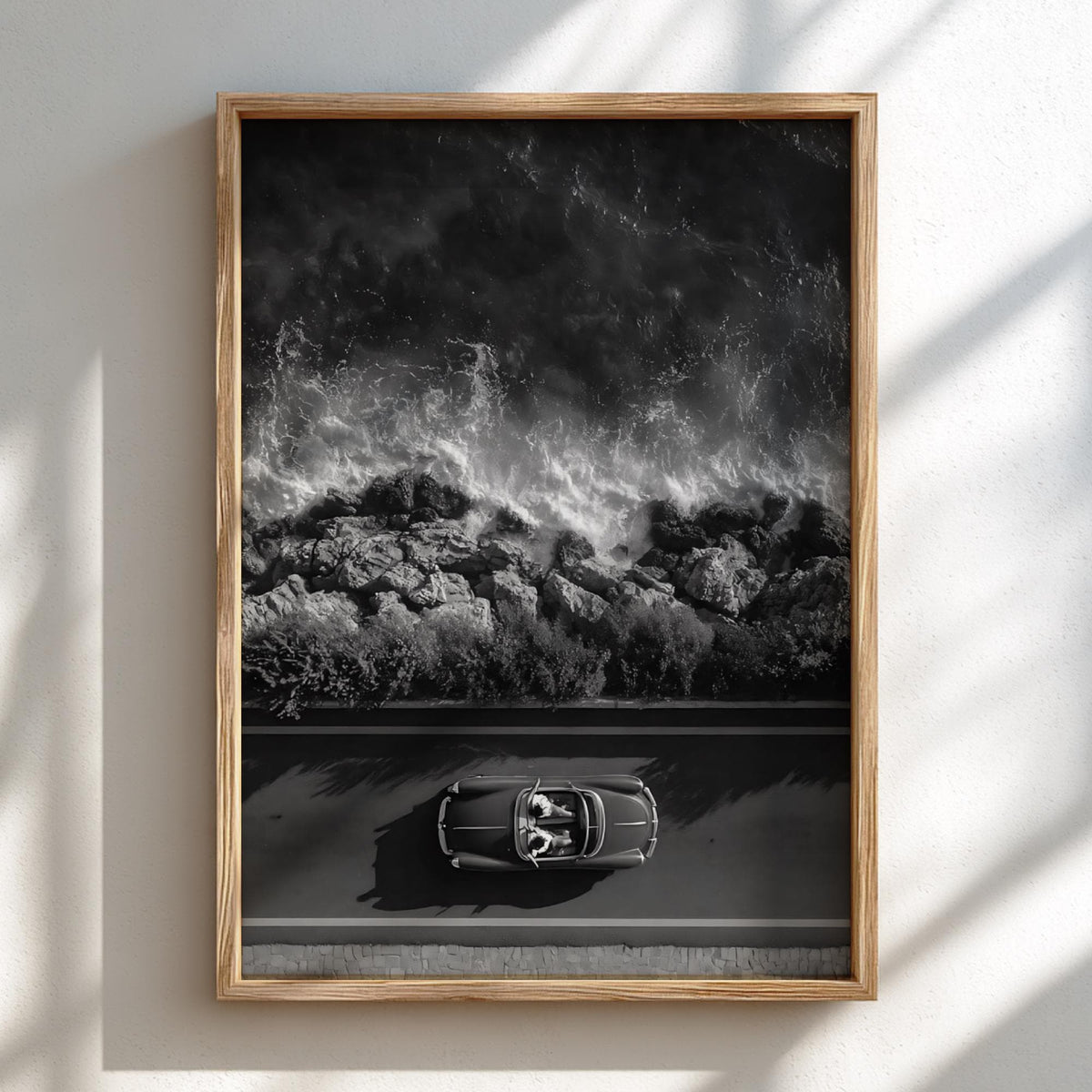 Red Convertible Coastal Drive Poster | Black and White Photography Print | Vintage Car Wall Art | Retro Summer Lifestyle Decor