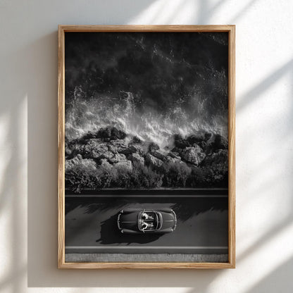 Red Convertible Coastal Drive Poster | Black and White Photography Print | Vintage Car Wall Art | Retro Summer Lifestyle Decor