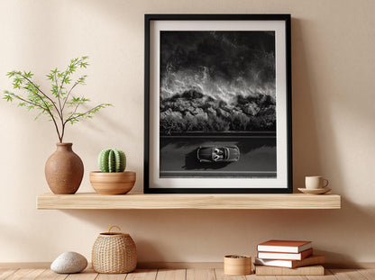 Red Convertible Coastal Drive Poster | Black and White Photography Print | Vintage Car Wall Art | Retro Summer Lifestyle Decor