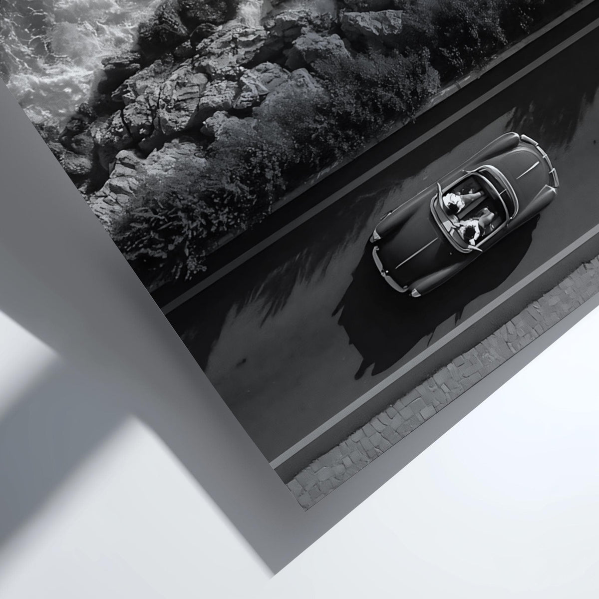 Red Convertible Coastal Drive Poster | Black and White Photography Print | Vintage Car Wall Art | Retro Summer Lifestyle Decor