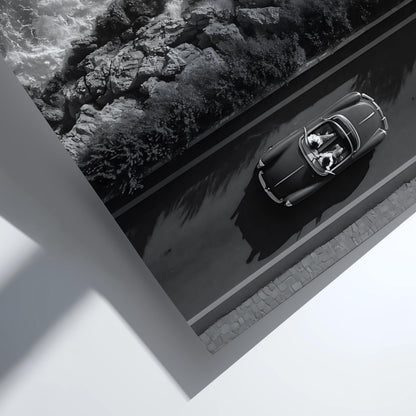 Red Convertible Coastal Drive Poster | Black and White Photography Print | Vintage Car Wall Art | Retro Summer Lifestyle Decor