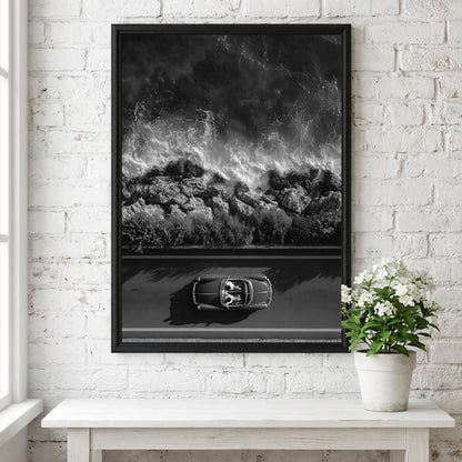 Red Convertible Coastal Drive Poster | Black and White Photography Print | Vintage Car Wall Art | Retro Summer Lifestyle Decor