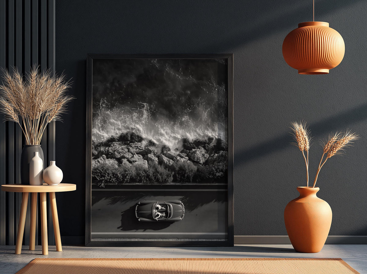 Red Convertible Coastal Drive Poster | Black and White Photography Print | Vintage Car Wall Art | Retro Summer Lifestyle Decor