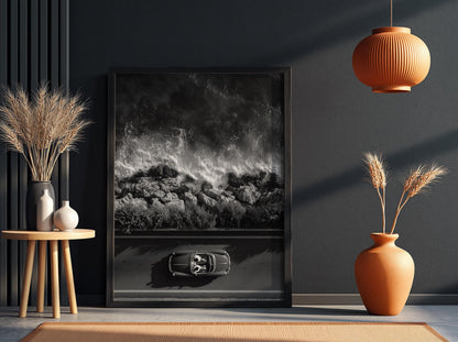 Red Convertible Coastal Drive Poster | Black and White Photography Print | Vintage Car Wall Art | Retro Summer Lifestyle Decor